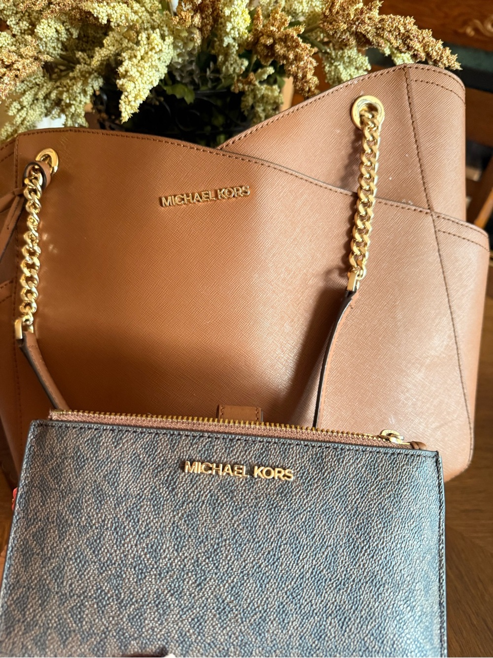 Michael Kors Brown Saffiano Tote with Gold Chain Straps